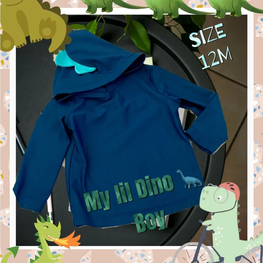 Blue Dino Hoodie for Kids lg sleeves baby SZ:12M turquoise spines lightweight
